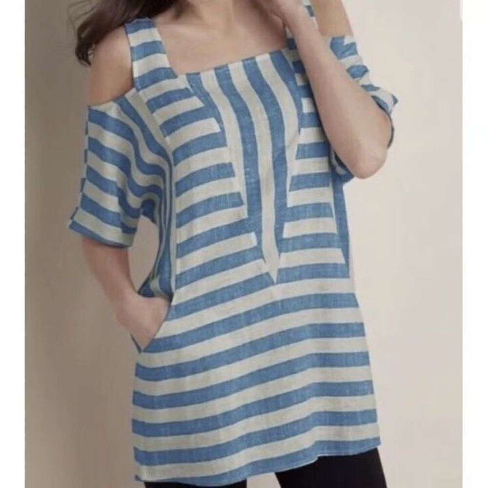 Soft Surroundings Women's Large Sunset Linen Blend Cold Shoulder Striped Tunic
